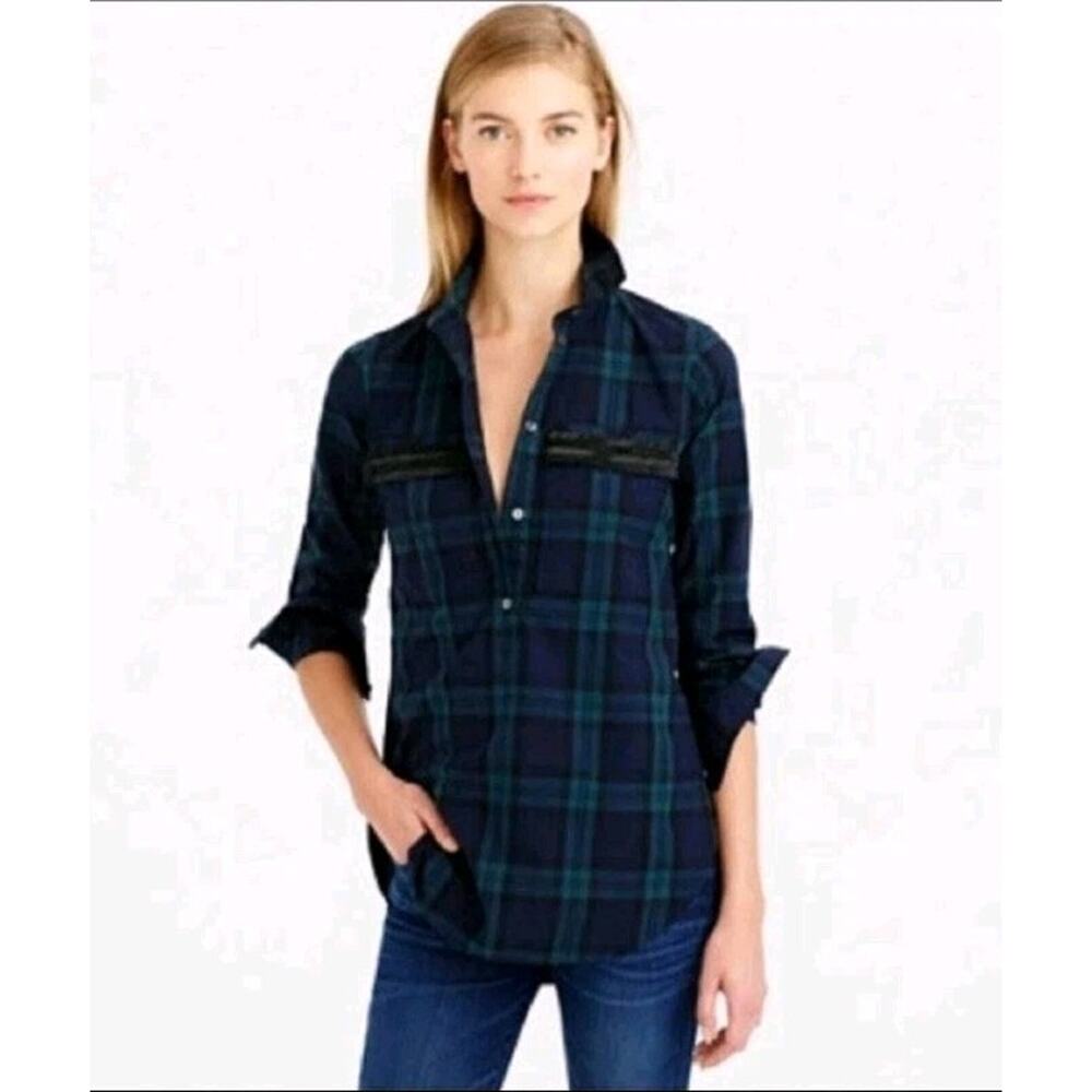 J Crew Tartan Green Plaid Beaded Holiday Christmas Popover Shirt Top 4 Western